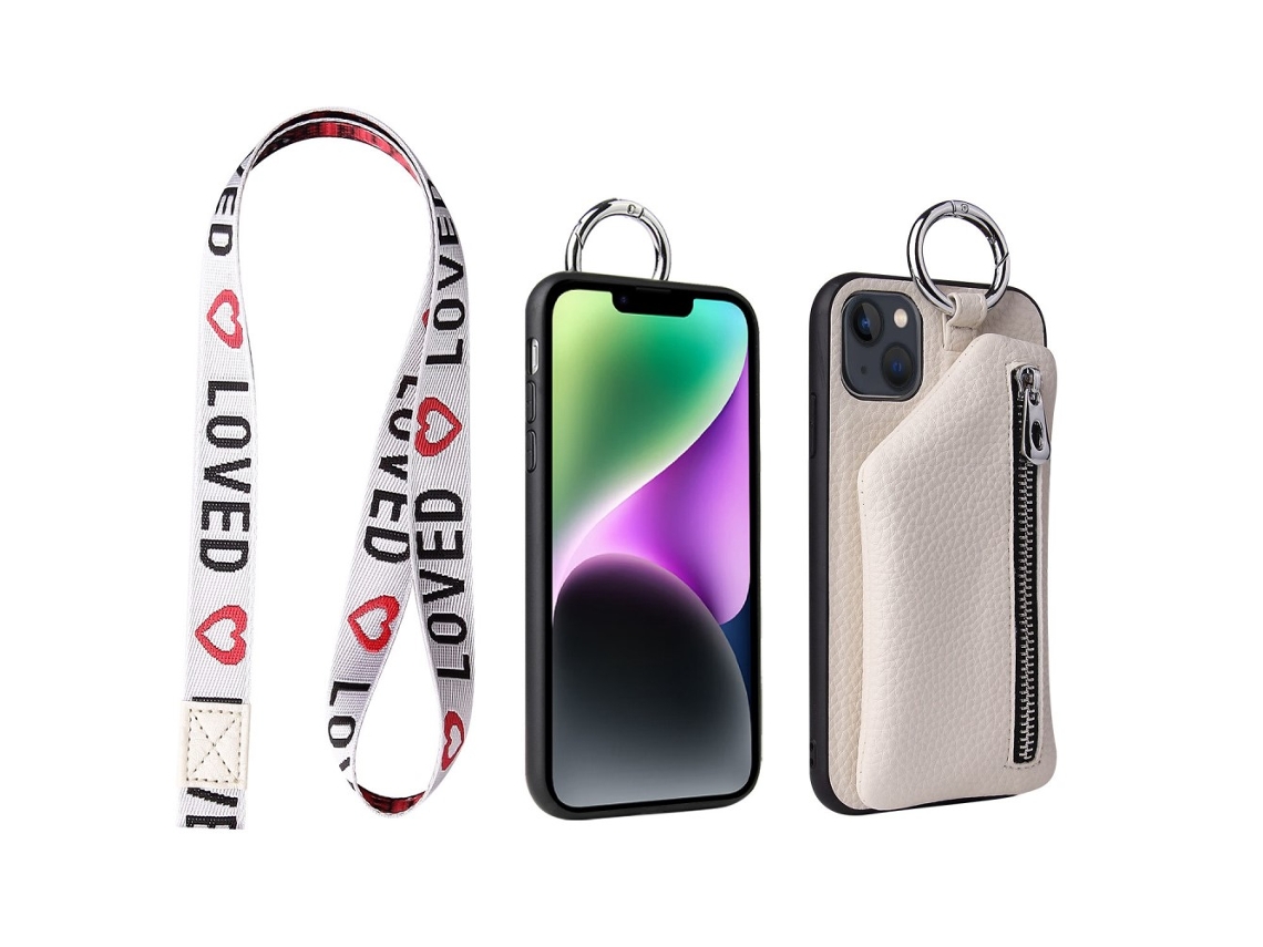 Capa Com Cordão Para Iphone 14 Plus Pele Sintética Anti-choque Branco