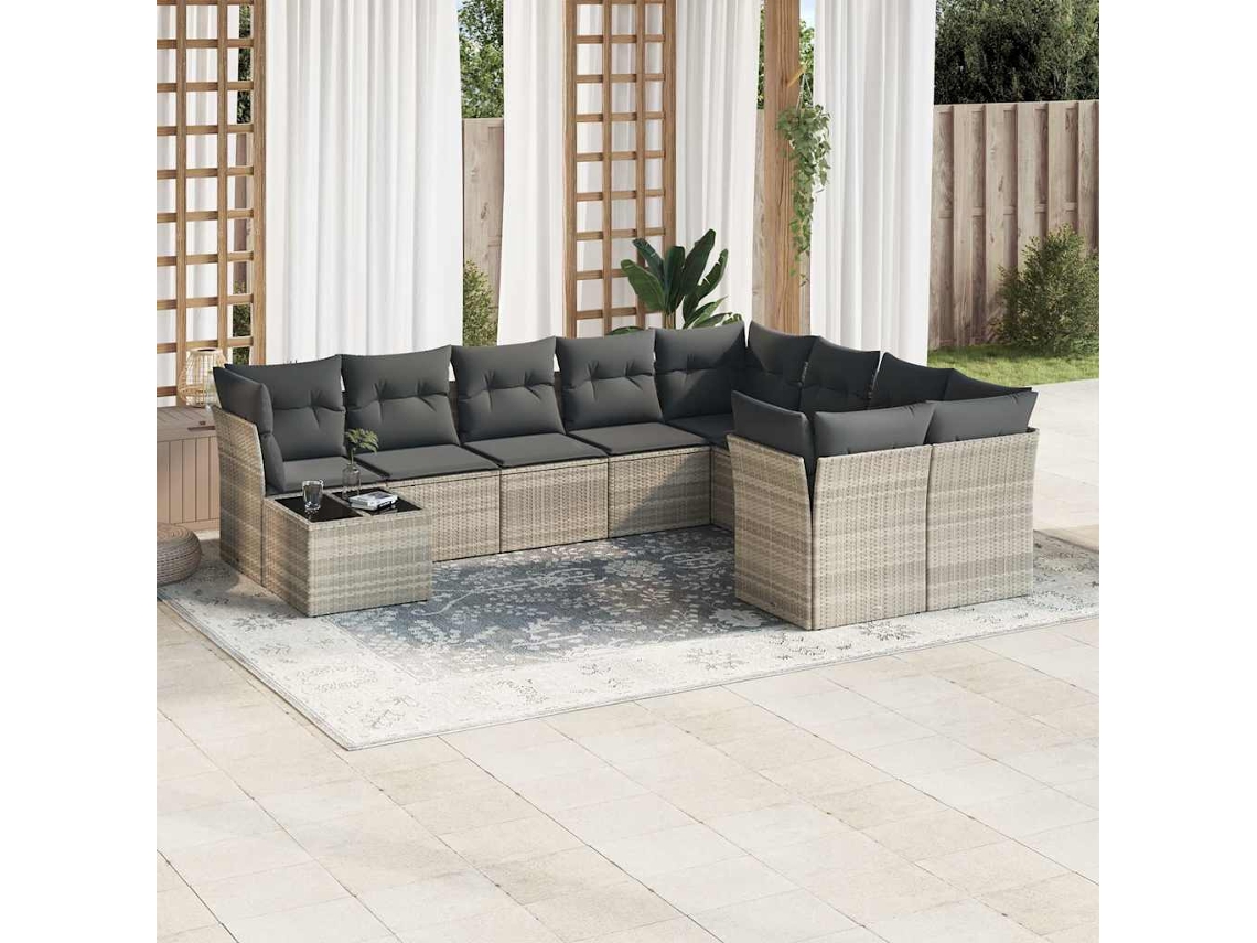 Vidaxl 10 Pcs Conj. Sofás Jardim Com Almofadões Vime Pe Cinzento-claro
