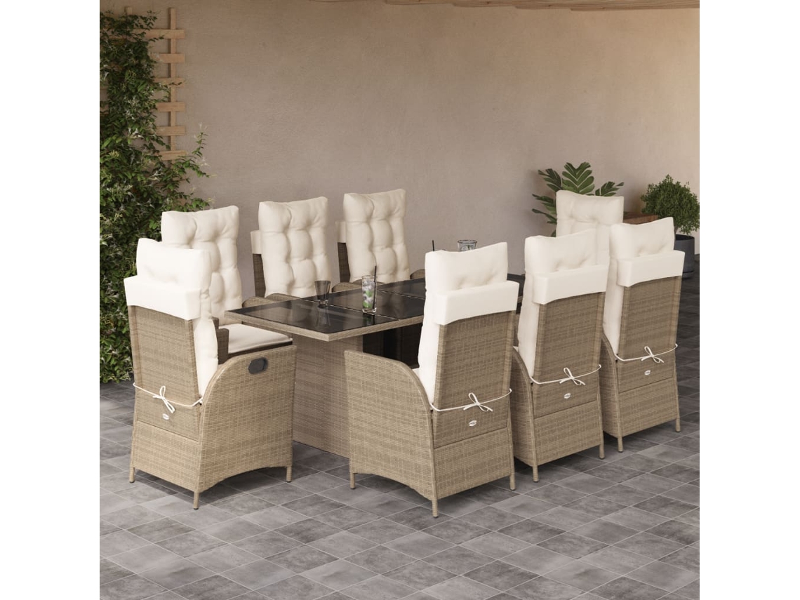 Vidaxl 9 Pcs Conjunto De Jantar P/ Jardim Com Almofadões Vime Pe Bege
