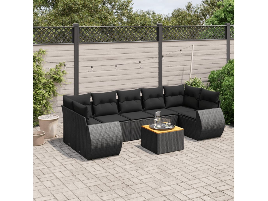 Vidaxl 8 Pcs Conjunto Sofás De Jardim Com Almofadões Vime Pe Preto