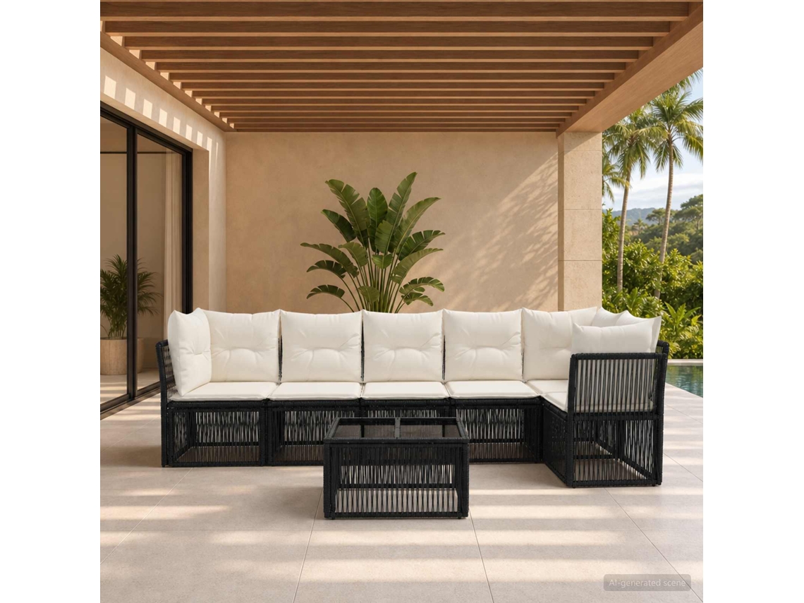 Vidaxl Conjunto De Sofá De Jardim 7 Unid. Preto Vime Pe