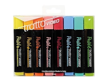 Conjunto de 8 Marcadores TRATTO Video Pastel Marca TRATTO Ponta de Cinzel Cores Pastel