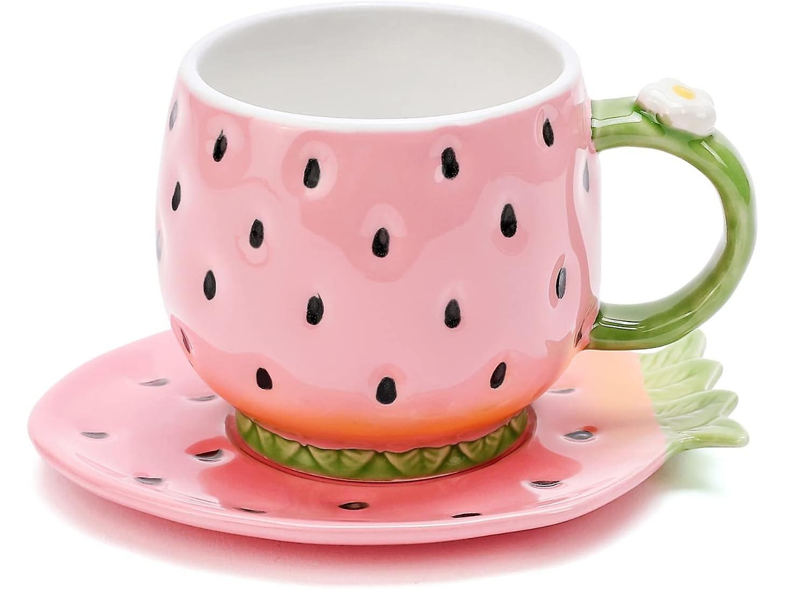 Xícara De Chá E Pires Cerâmica, Caneca Café Com Estampa Morango 24 Cl Aquaforge (rosa)