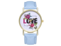 Relógio feminino analógico simples em couro PU com pulseira de couro azul claro.