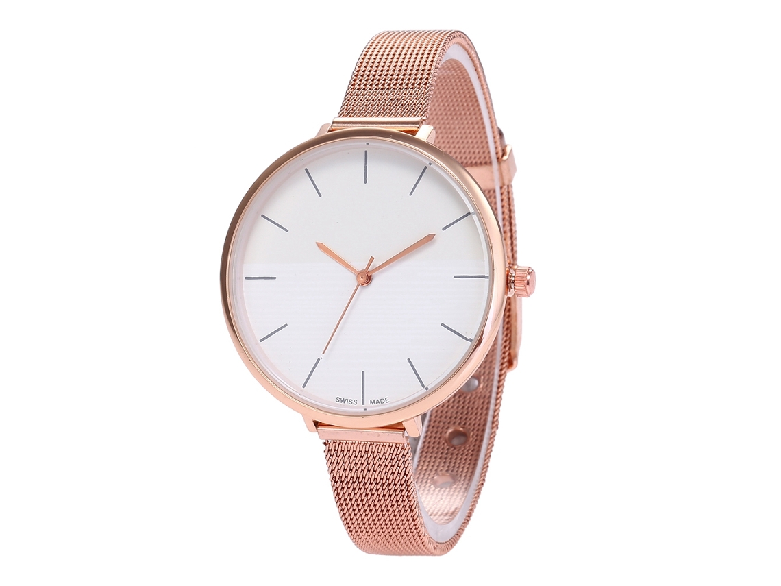 Relógio de Pulso Feminino de Quartzo com Cinto de Malha Padrão Dial Bicolor Branco