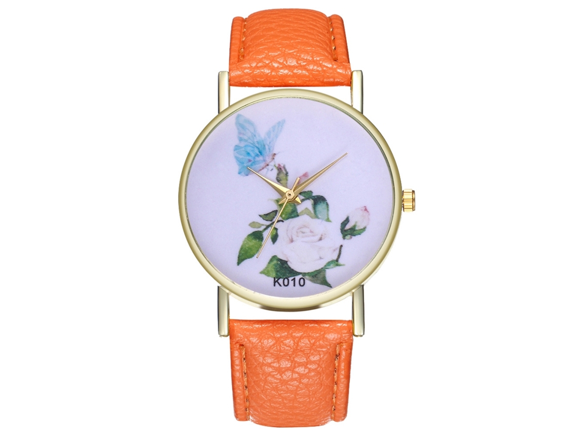 Relógio de quartzo unissex Zhoulianfa com pulseira de couro PU, mostrador floral simples (laranja)