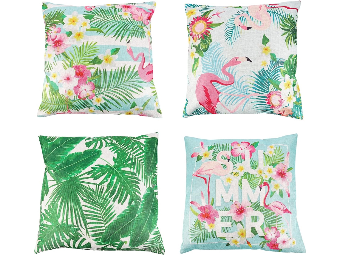Conjunto de 4 Capas Almofada com Estampa Artística Flamingos e Folhas Decorativas Confortáveis para CHABERLU