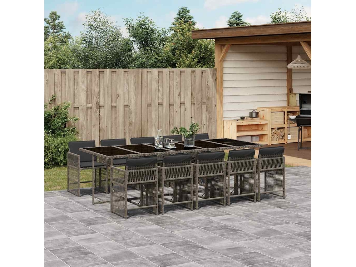 Conjunto 11 Peças Jantar P/ Jardim C/ Almofadões Vime Pe Cinza Dkd Home Decor