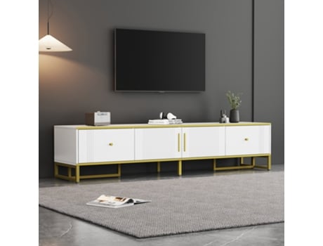 Móvel Tv Branco Elegante Com Detalhes Dourados, 2 Portas, 2 Gavetas, Mdf Panshiyuan (180x40x40cm)