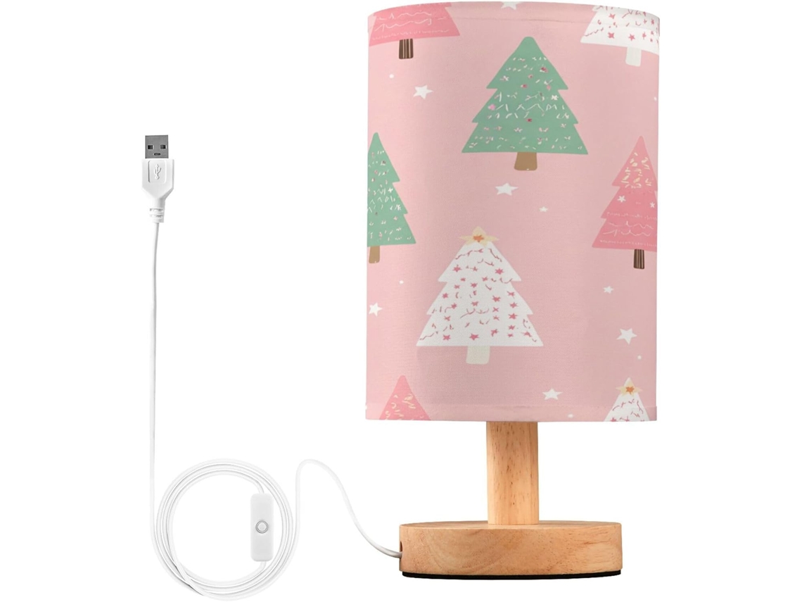 Cabeceira rosa em formato de árvore de Natal, pequena mesa de LED com portas USB e suporte para papel de seda em formato de cúpula para sala de estar.