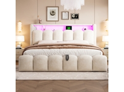 Cama Casal 180x200cm veludo hidráulica com led, usb c, baú na cabeceira, capacidade 300kg, sem colchão, bege KOMHTOM