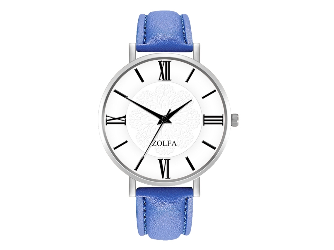 Relógio de Quartzo Feminino com Pulseira de Couro Pu e Números Romanos Estilo Minimalista Azul