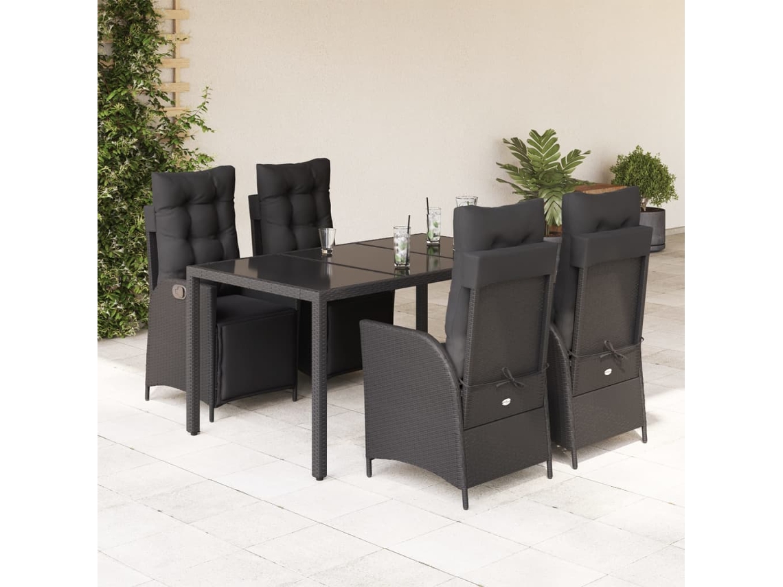 Vidaxl 5 Pcs Conjunto de Jantar P/ Jardim C/ Almofadões Vime Pe Preto