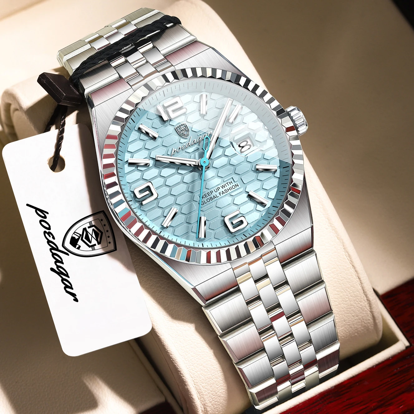 (azul Menta Prateado) Relógio De Pulso Masculino Elegante, Resistente À Água, Luminoso, Com Data, Em Aço Inoxidável, Quartzo, Casual