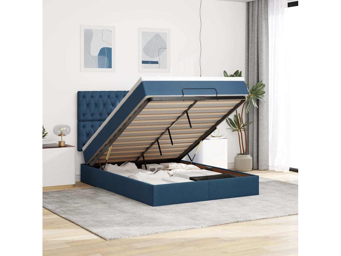 Estrutura De Cama Otomana Com Colchão 140x190cm Tecido Azul