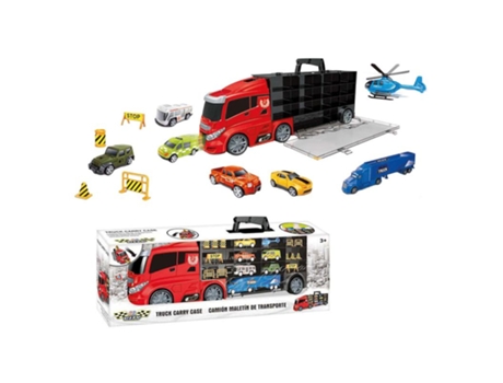 Caminhão de transporte Innovatoys 25305 com veículo e placas de sinalização
