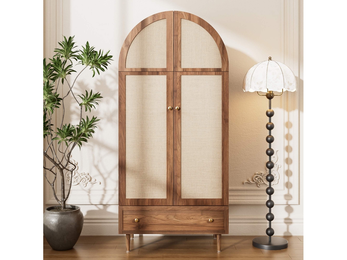 Armário Elegante Porta Em Tecido E Gaveta Efeito Nogueira Estilo