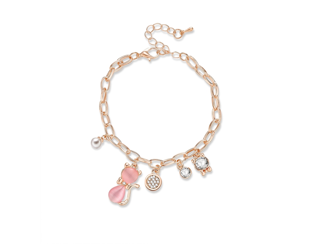 Pulseira Gato Com Opala Rosa E Strass Liga Zinco Feminina Elegante