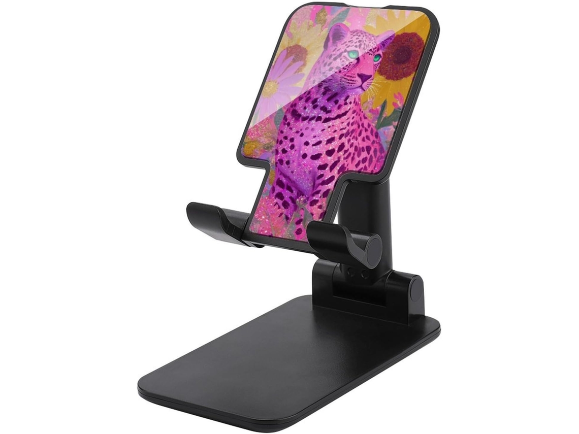 Suporte Dobrável E Ajustável Para Celular Com Estampa De Leopardo Rosa, Olhos Verdes E Flores Amarelas