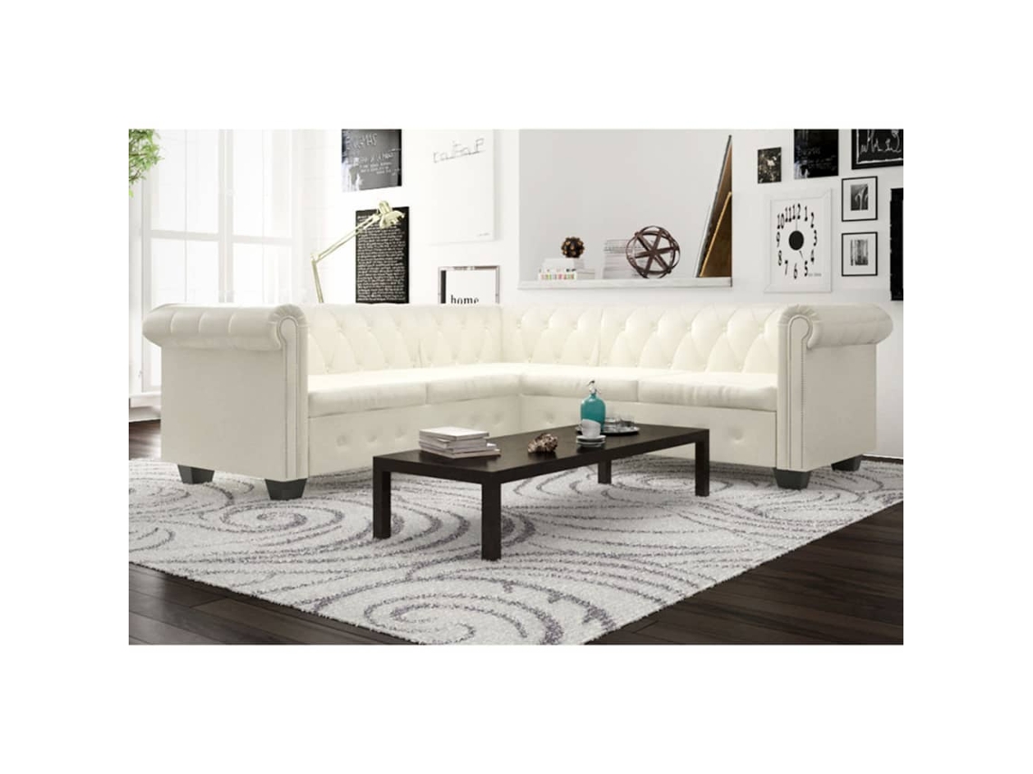 Vidaxl Sofá De Canto Chesterfield 5 Lugares Couro Artificial Branco