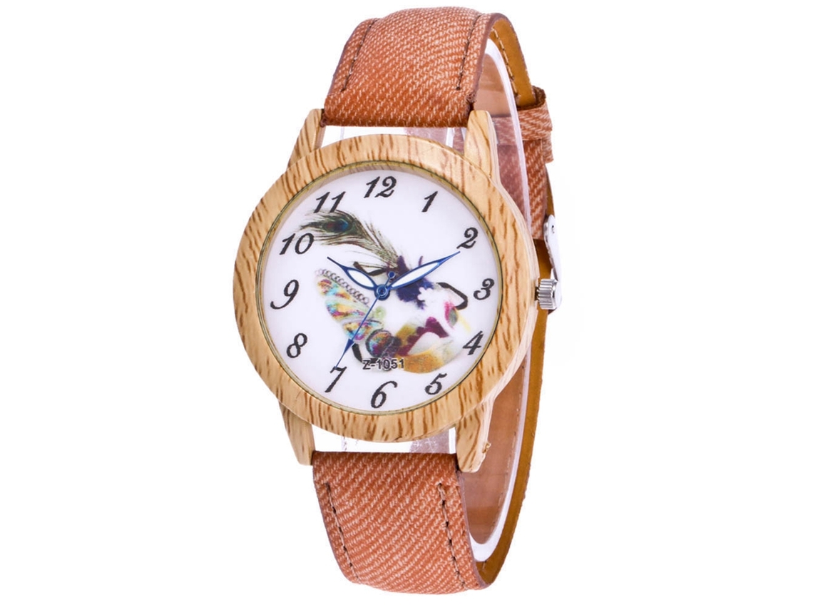 Relógio de Pulso Feminino de Quartzo com Pulseira de Jeans Estilo Simples Rosa Claro