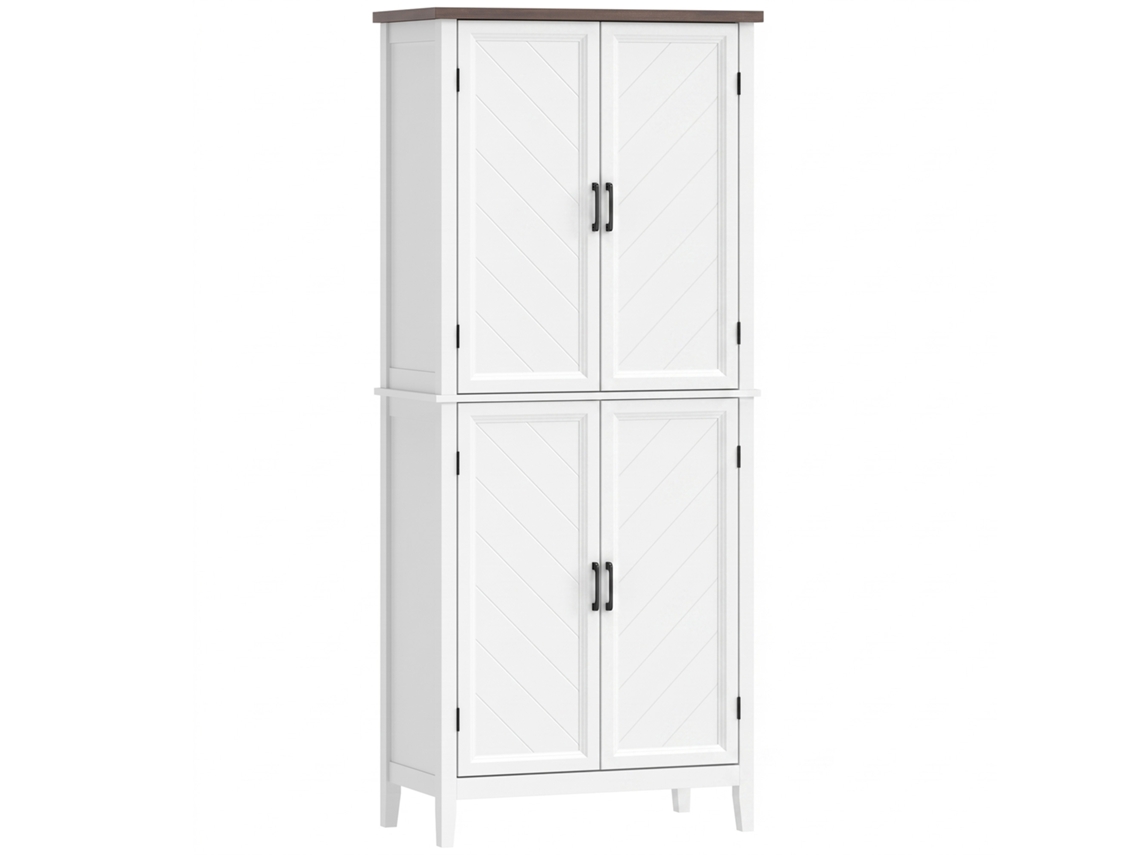 Aparador Haut Cuisine 6 Niveaux, Armário De Cozinha, 4 Portas À Chevrons Et 4 Prateleiras Ajustávels, 76x40x178,5cm, Branco