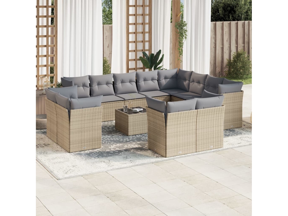 Vidaxl 13 Pcs Conjunto De Sofás P/ Jardim Com Almofadões Vime Pe Bege