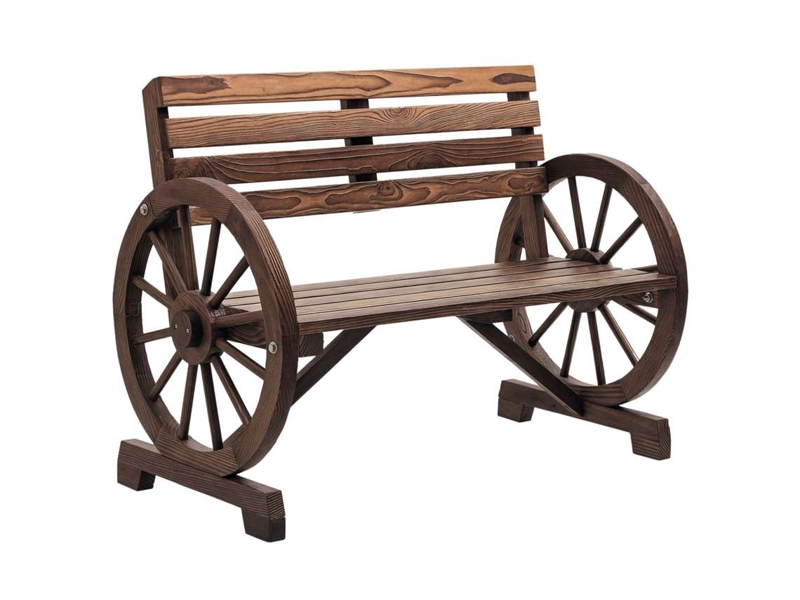 Banco de jardim em design roda de carroça, para 2 pessoas, madeira natural, marrom escuro, 105,5x56x79cm BTFORUS