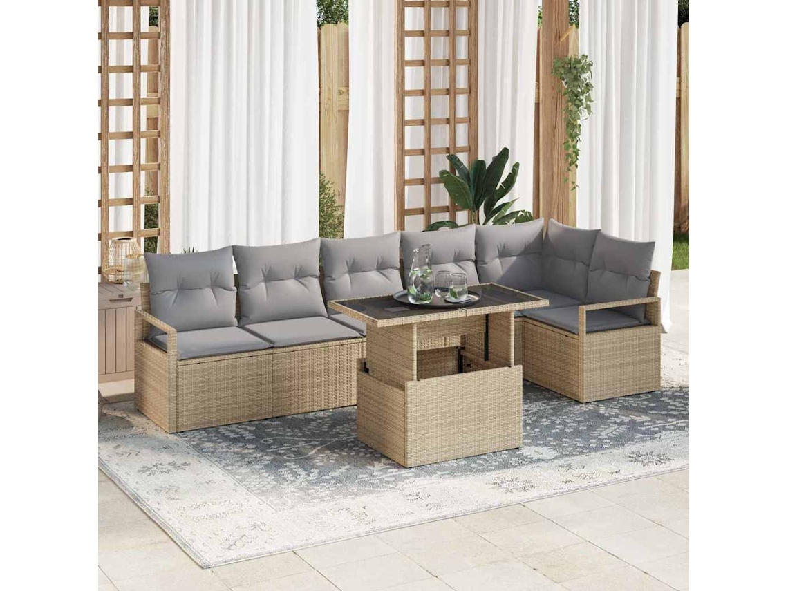 Vidaxl Conjunto De Sofá De Jardim 7 Unid. Bege Vime Pe