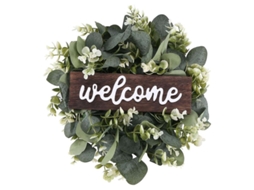 Placa De Boas-vindas Redonda Com Corona De Decoração Em Têxtil E Madeira, 33cm, Verde - Ideal Para Casa De Campo E Entradas Verde