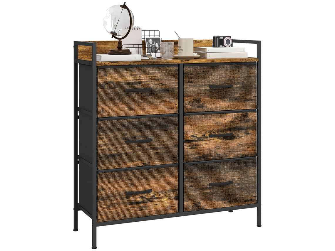 Cômoda De Quarto Com 6 Gavetas Em Tecido Não Tecido E Estrutura De Aço, 79x29x85cm, Efeito De Mogno