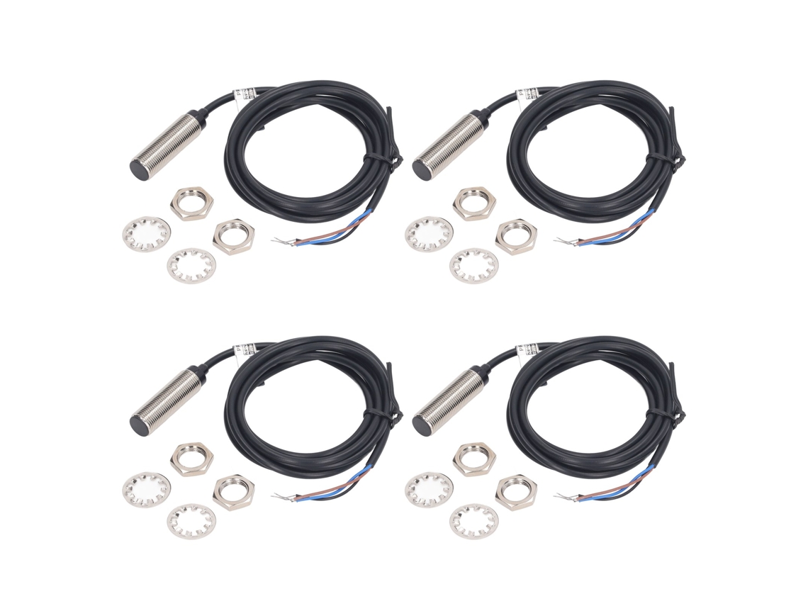 Conjunto com 4 sensores de proximidade indutivos de 12 mm NPN DC com 3 fios e alcance de 2 mm.