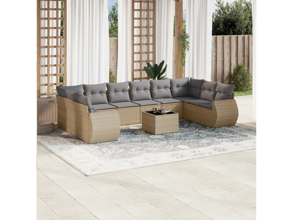Vidaxl 11 Pcs Conjunto Sofás De Jardim C/ Almofadões Vime Pe Bege