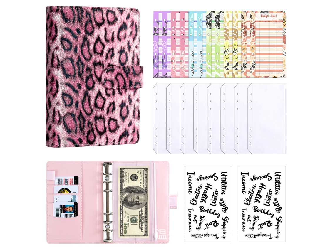 A6 Leopard Print Macaron Binder Notebook Cash Budget Organizer Set, Pink Cover With 8-zipper Pockets, 12-budget Cards