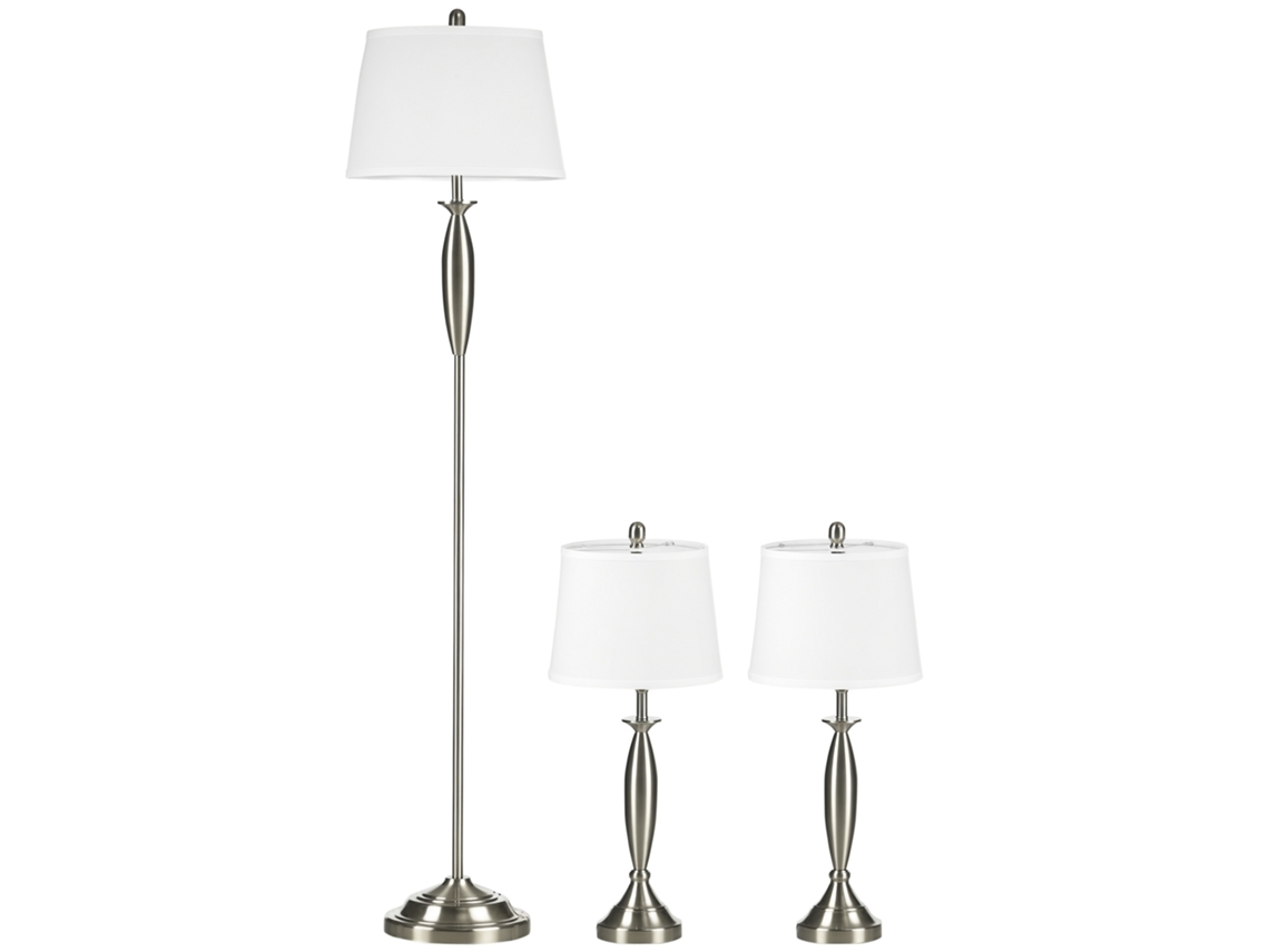 Conjunto Iluminação 3 Peças Luminária Chão 2 Mesa Acabamento Linho 38x38x158cm Prata Branco