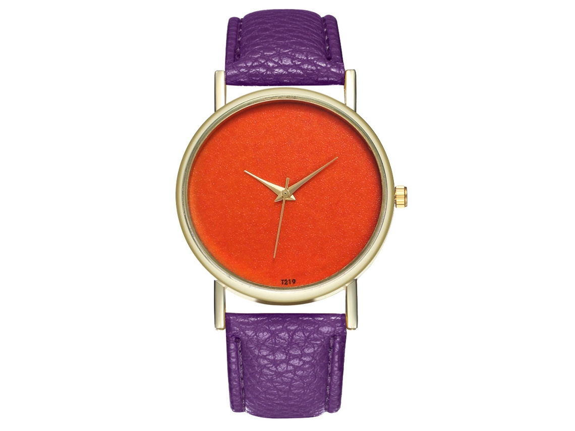 Relógio feminino casual de quartzo com mostrador laranja e pulseira de couro PU roxa.
