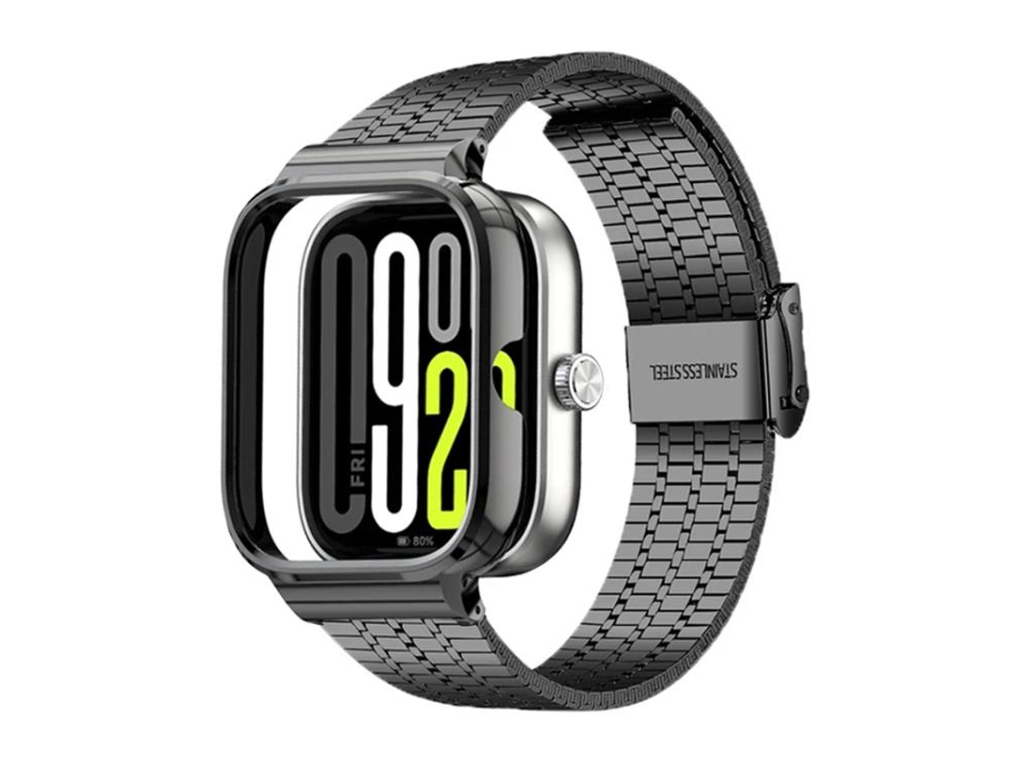 Bracelete Para Redmi Watch 6 / 5 / 4 - Aço Inoxidável - Fivela Integrada Sete Contas - Estrutura Metálica Preta