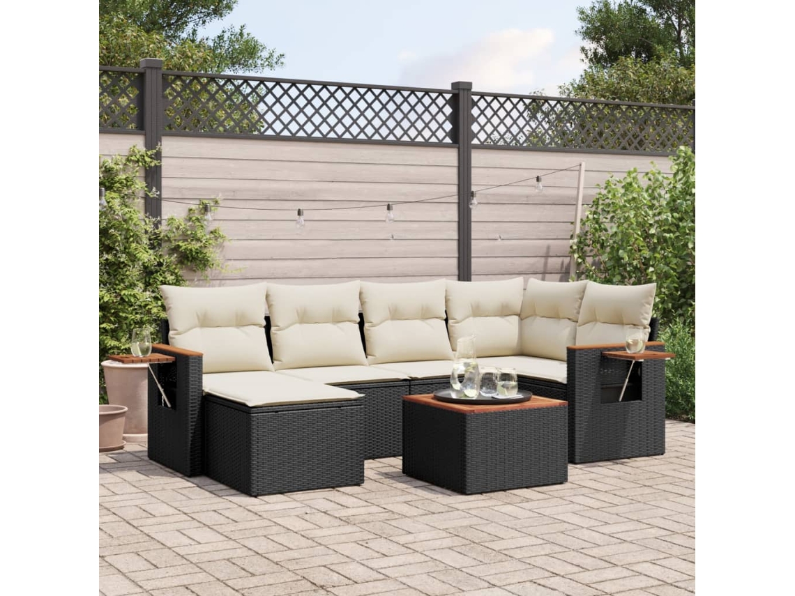 Jogo de Sofá 7 Peças P/ Jardim C/ Almofadões Vime Pe Preto Dkd Home Decor