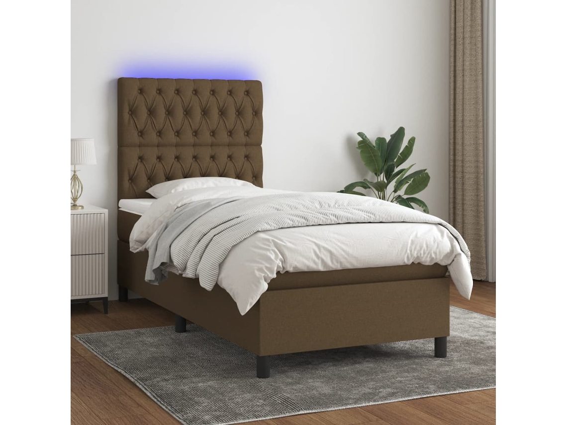 Cama Box Spring C/ Colchão/led 100x200cm Tecido Castanho-escuro