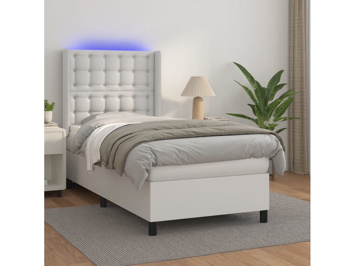Cama Box Spring C/colchão/led 100x200cm Couro Artificial Branco