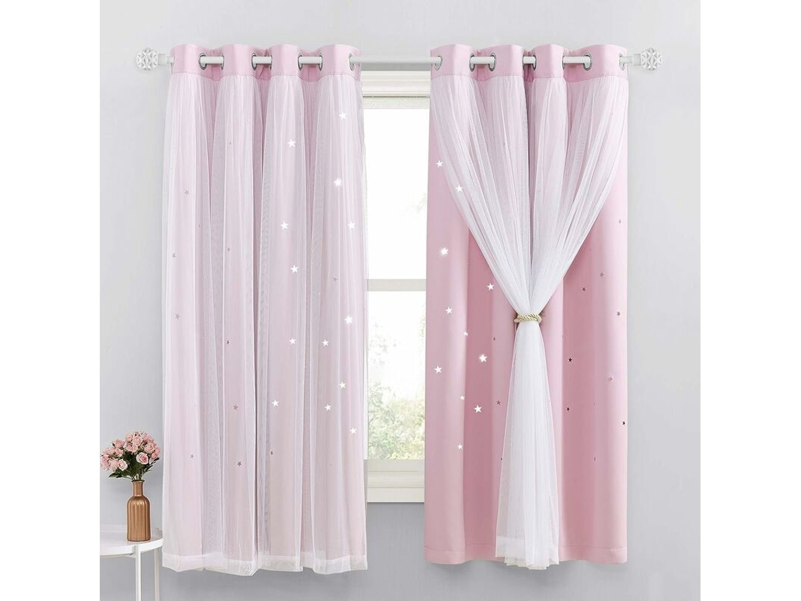 Cortina Rosa Com Bloqueio De Luz - Jogo Com 2 Unidades Para Quarto De Menina Com Estrelas, Térmica E Transparente, Luminosa, Decorativa, 132 X 160 Cm,