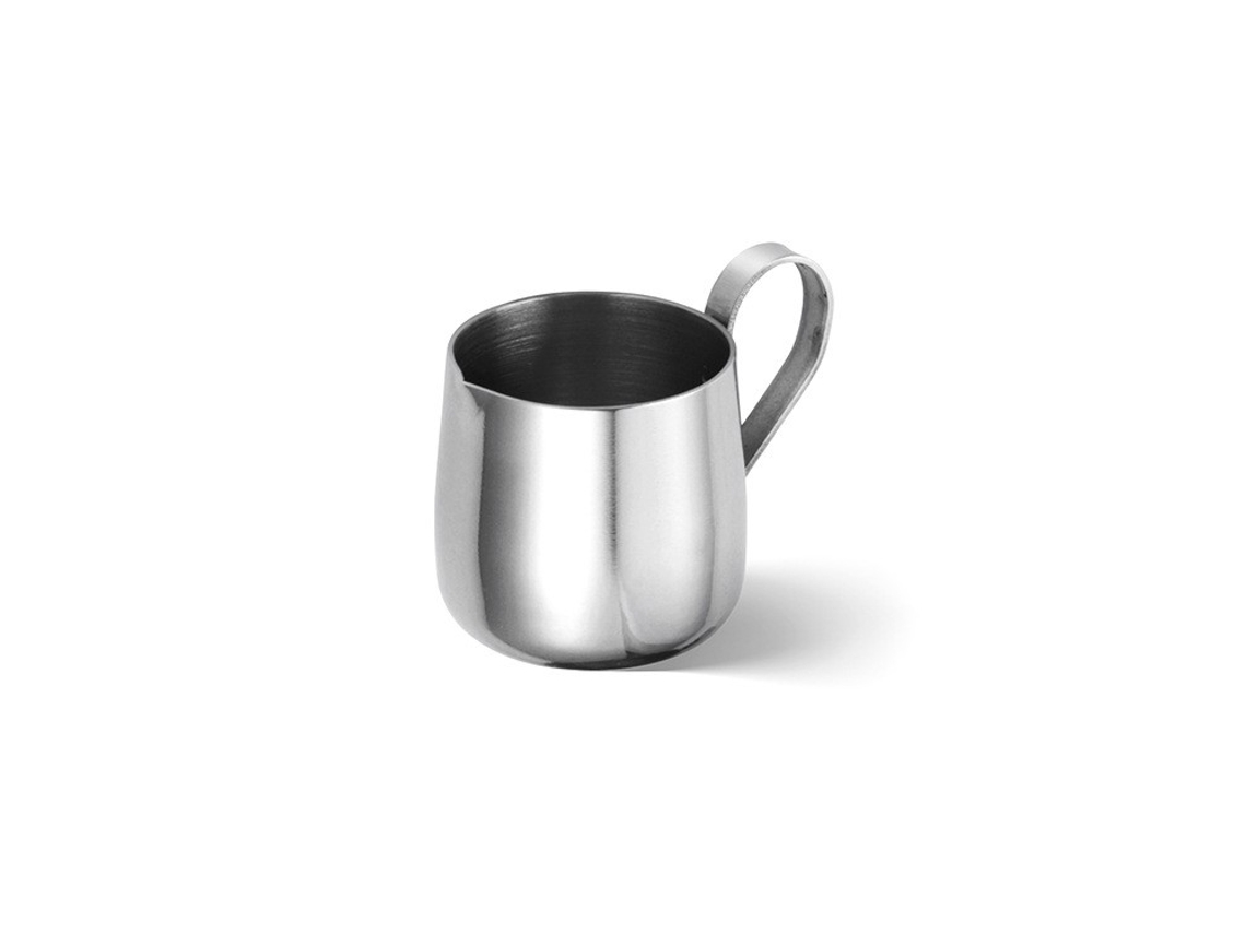 Jarra para espumar leite em aço inoxidável, cor prata, tamanho pequeno, ideal para latte art, permite dosar com precisão, sem gotejar.