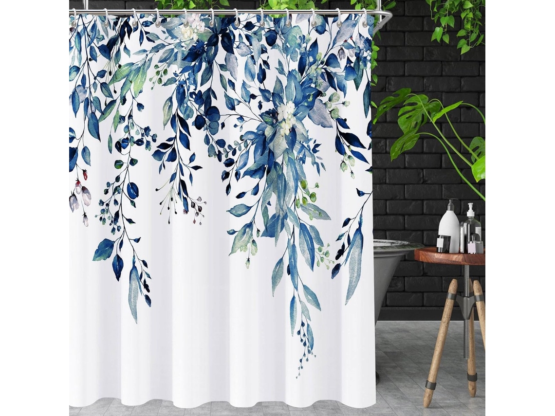 Cortina de Chuveiro para Banheiro com Estampa de Eucalipto Azul, 72x72 Polegadas, com Ganchos. MDUG