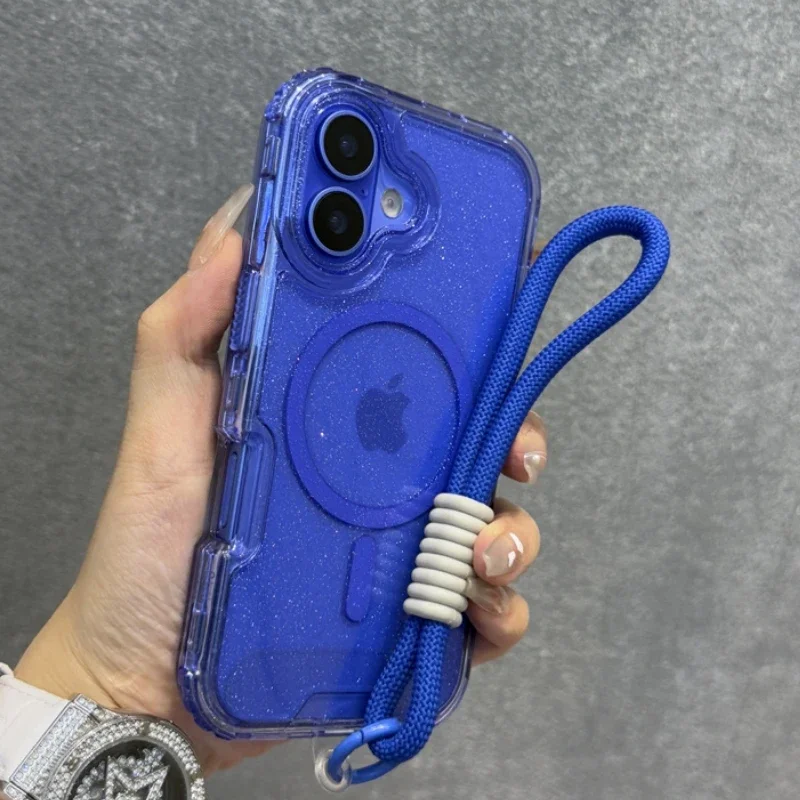 Capa Transparente Magnética Para Iphone 16 Plus (azul) Com Alça De Pulso E Cordão, Resistente A Impactos.