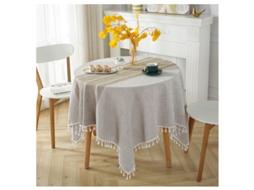 Lurelia Toalha De Mesa Redonda Algodão Linho Cáqui 120 Cm Lavável Antimanchas Bordado Borlas