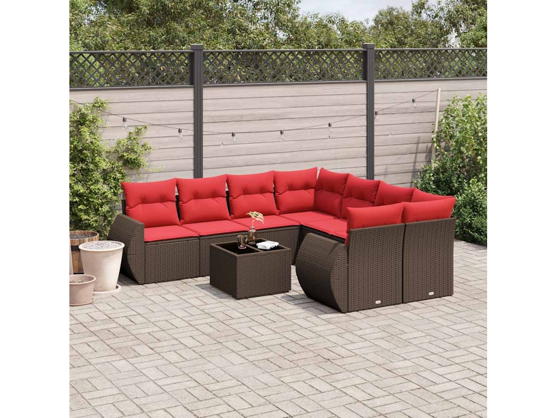 Vidaxl Conjunto De Sofá De Jardim Com 9 Peças E Almofadas Em Rattan Sintético Marrom