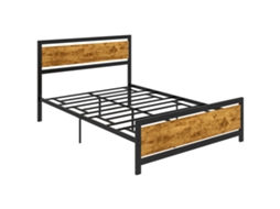 Estrutura De Cama Queen Em Madeira E Aço, 147x208x103cm, Ripas Embutidas E Cabeceira Estilo Industrial, Preta E Marrom Rústica