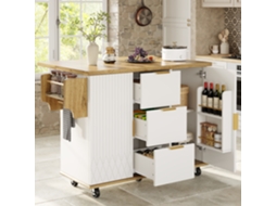 Carrinho De Cozinha Com Bancada Rebatível, Tomada Elétrica, Rodas E Design Madeira Branco