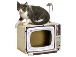 Arranhador de cartão para gatos, em forma de televisor, com rato de brinquedo, areia, 43x23x32,5cm | S/MARCA