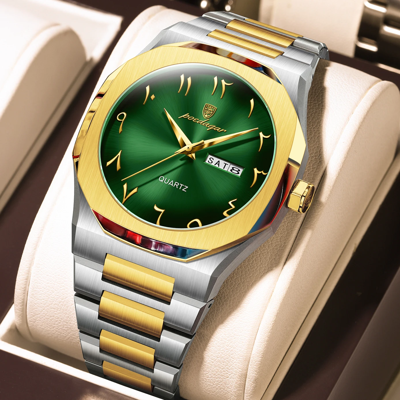 Relógio de Pulso Masculino MDUG de Quartzo, aço inox, resistente à água, com exibição de data (caixa dourada, mostrador verde)